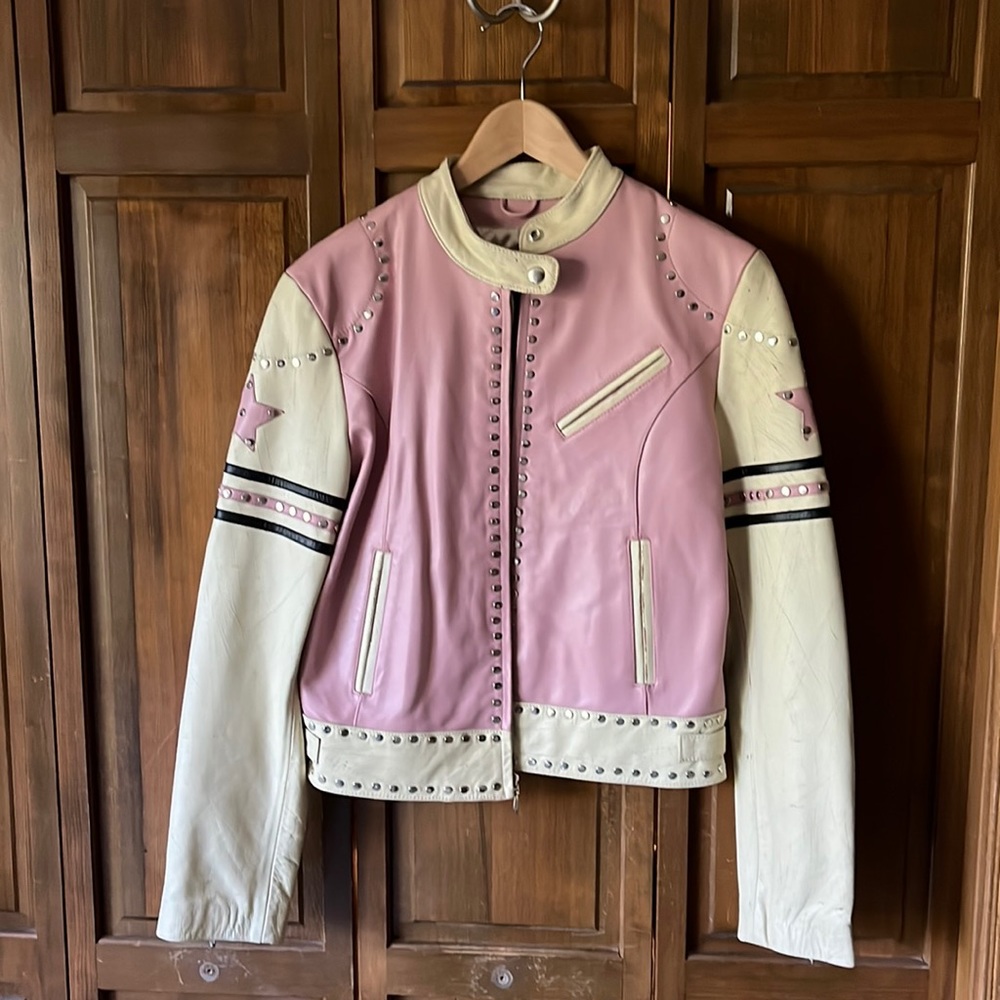 Pink and cream genuine leather jacket women medium